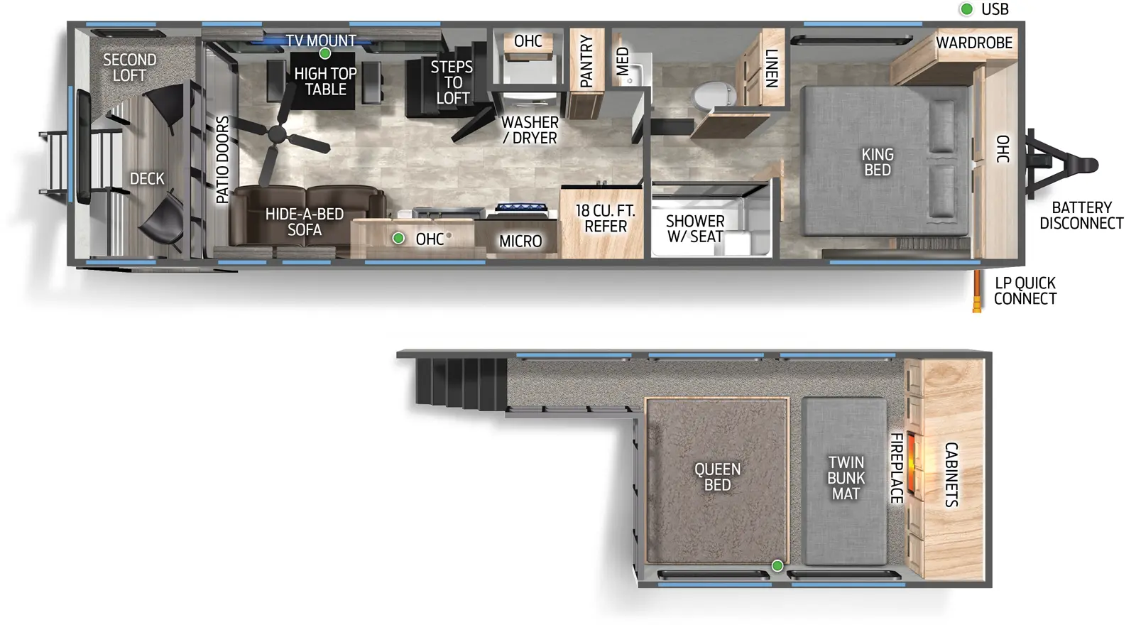 The Cherokee Black Label 20OGBL floorplan has one entry and zero slide outs. Exterior features include: fiberglass exterior. Interiors features include: loft, front bedroom and pass through bathroom.